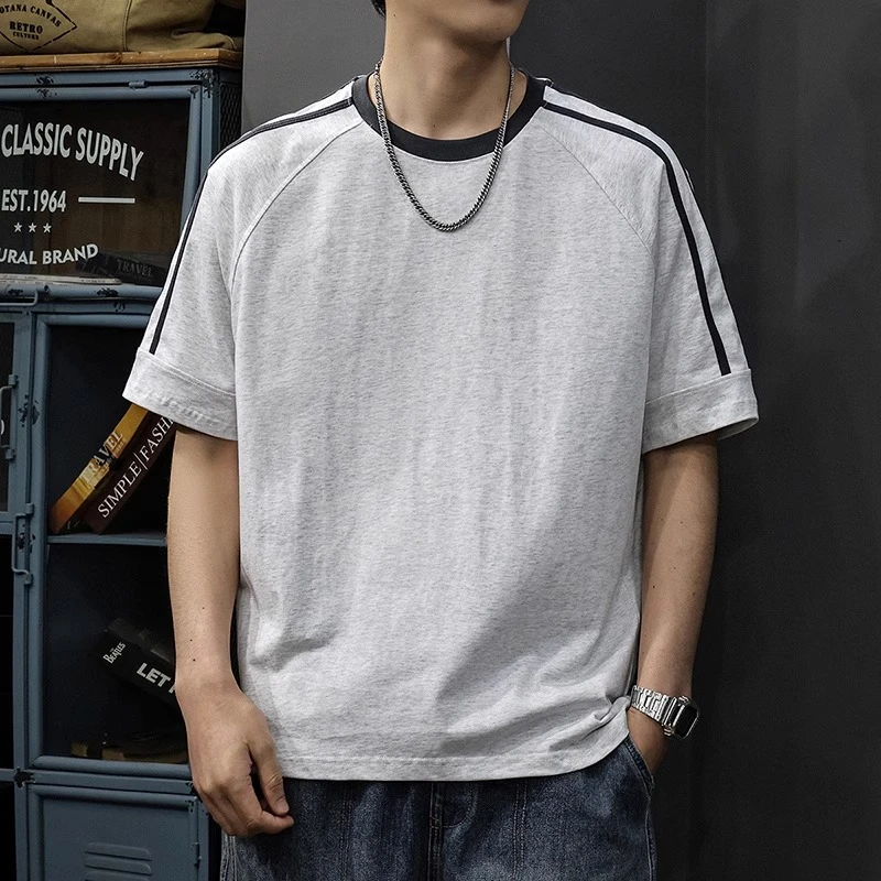 U&PURA潮牌撞色条纹拼接男士短袖t恤夏季新款重磅宽松休闲纯棉t恤