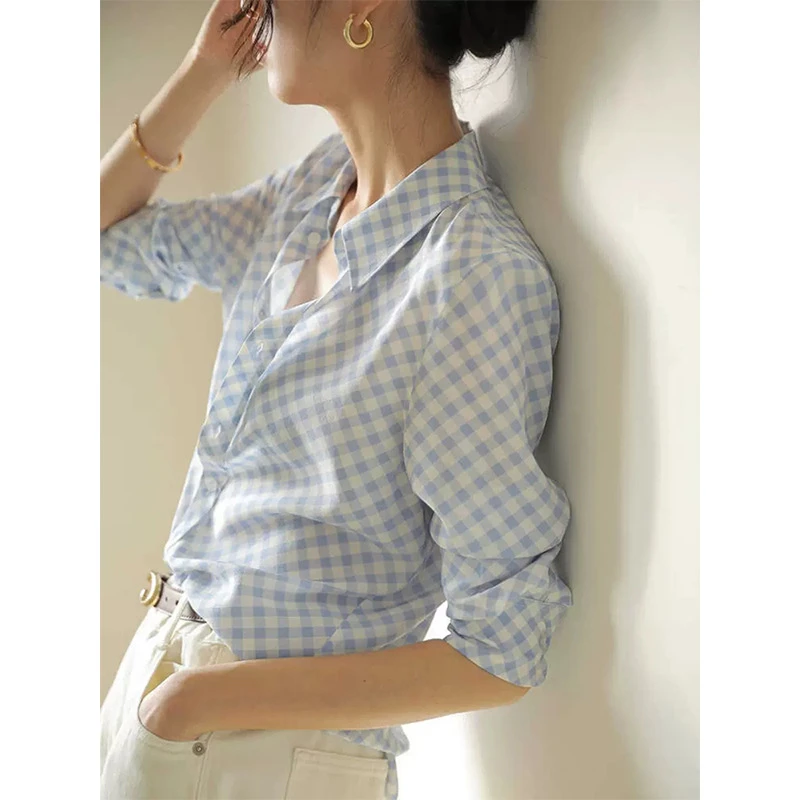 优雅气质蓝格纹polo衬衫女早春薄款格子休闲感长袖宽松百搭上衣
