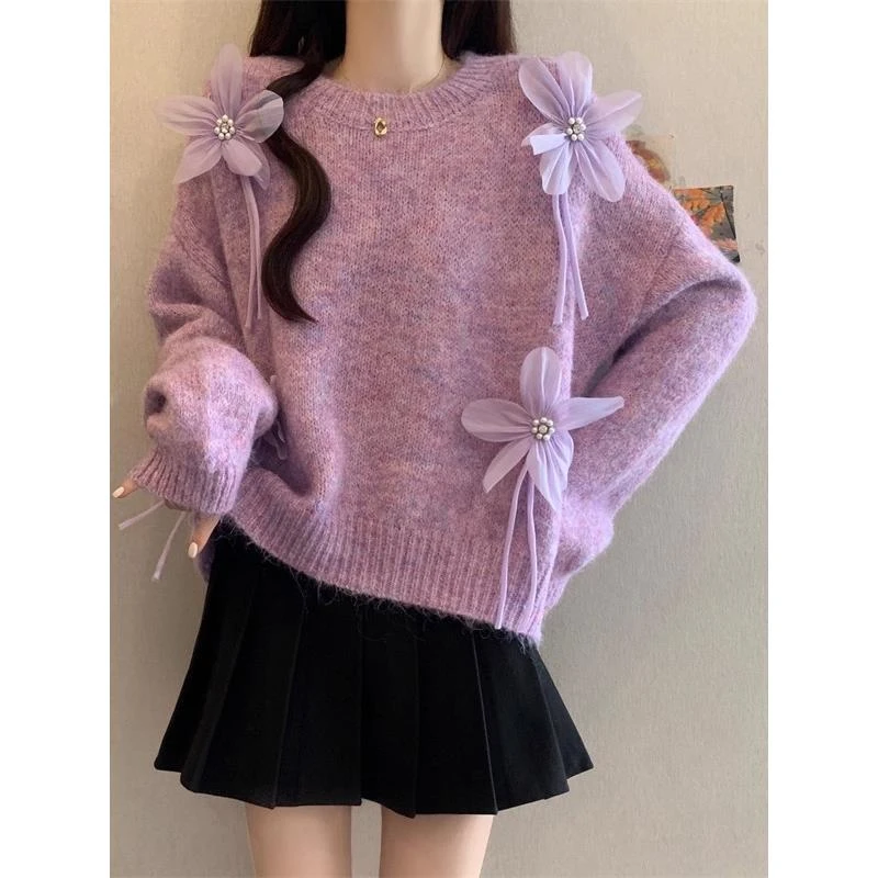 法式钉珠花朵紫色长袖毛衣女秋冬2025新款大码胖mm巨好看针织上衣