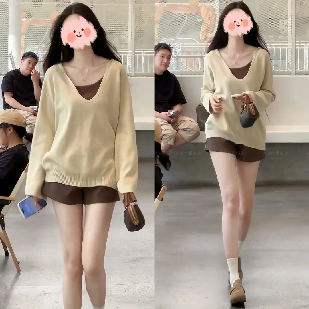 2025早秋新款懒惰风松弛感连帽休闲针织上衣百搭肌理感短裤套装女