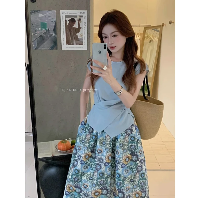 设计感交叉扣短袖针织T恤女夏别致漂亮小衫韩系修身显瘦圆领上衣