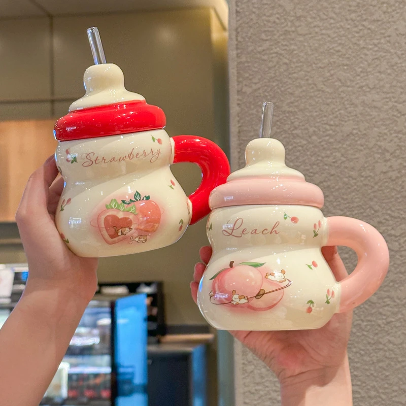 高颜值可爱水果吸管杯情侣陶瓷马克杯带盖办公室咖啡杯子生日礼物