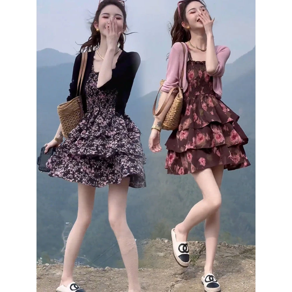 冰丝针织开衫吊带连衣裙两件套女2025夏小个子时尚碎花连衣裙