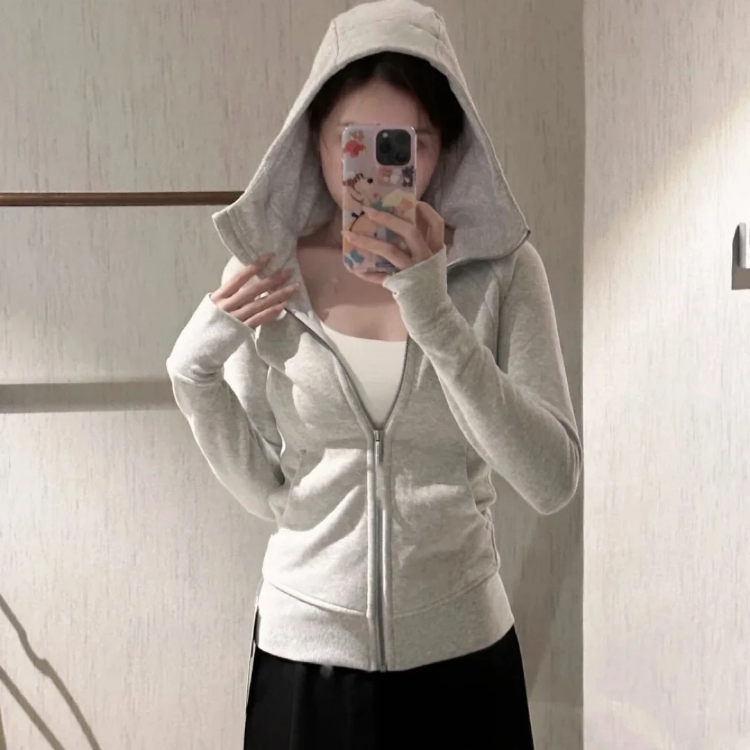 Lu家Scuba灰色修身卫衣外套女显瘦连帽拉链2028秋季新款上衣