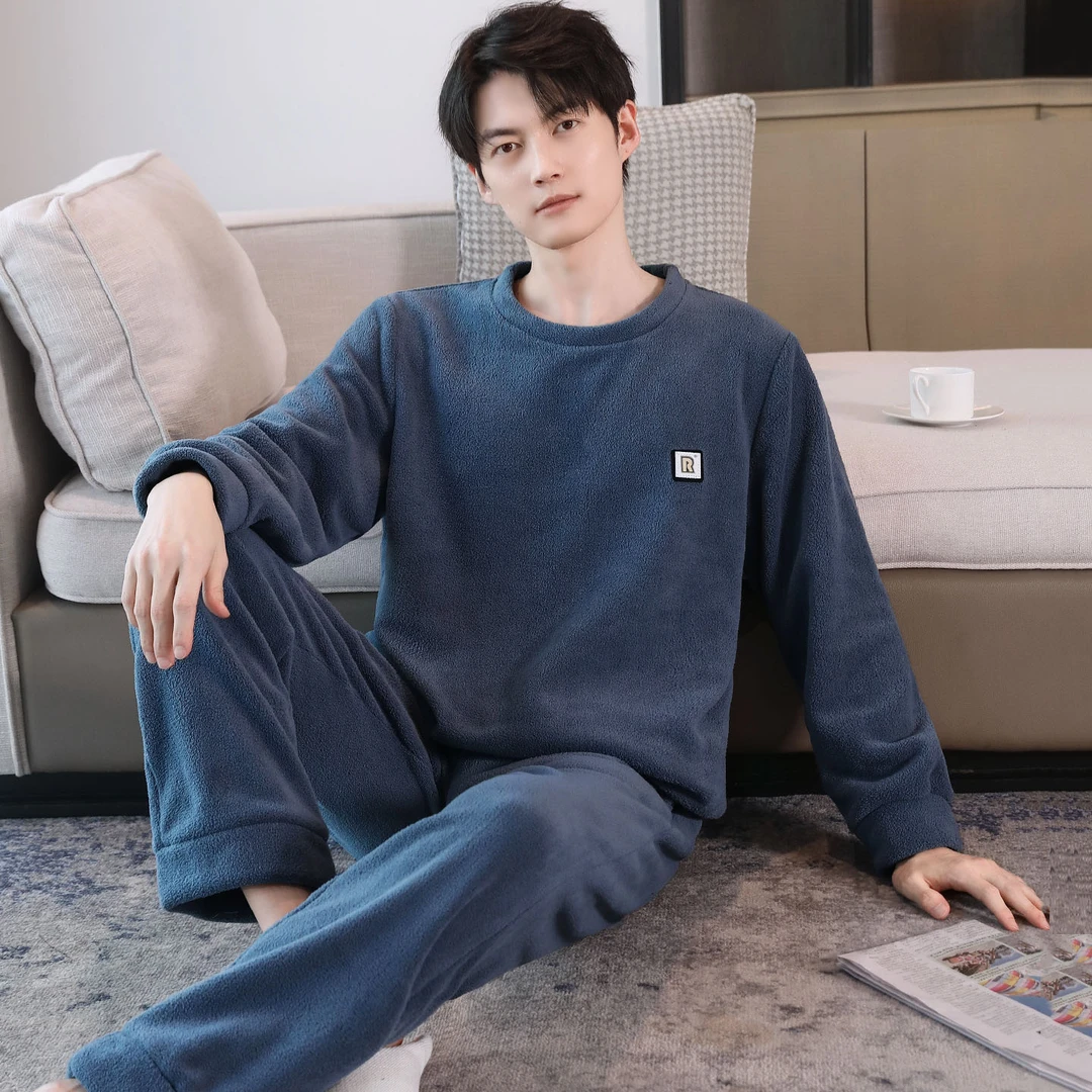 颗粒绒男士睡衣秋冬套头可外穿宽松加厚加绒珊瑚绒家居服保暖新款