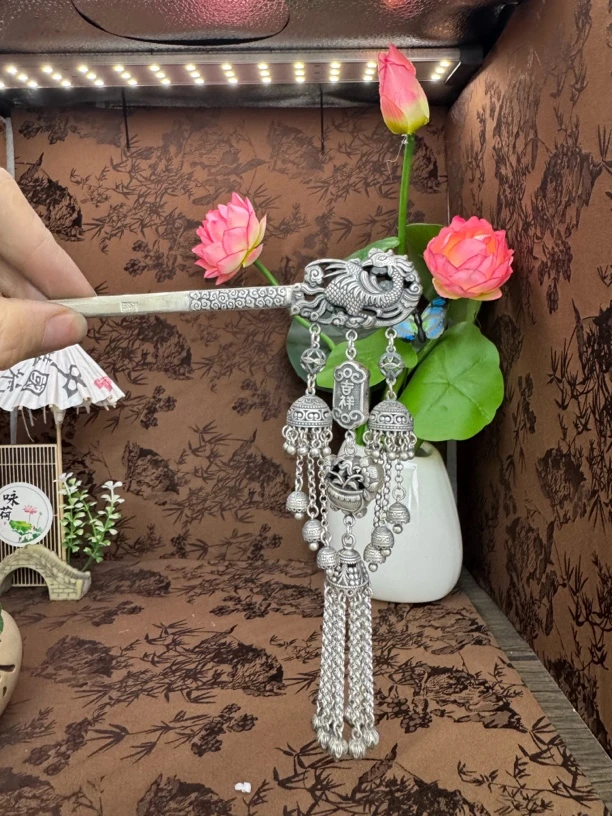 足银银制品 小郑家纯银手工錾刻凤凰发簪