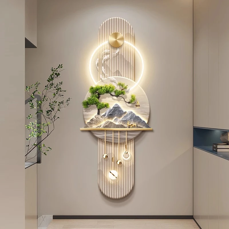 九鱼图入户玄关装饰画迎客松新中式走廊过道挂画轻奢山水壁画