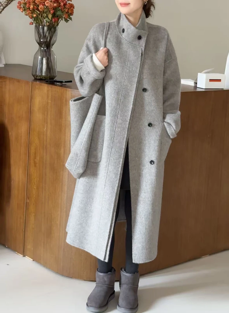 XFYN【首尔】新款秋冬中长款立领高端羊毛大衣韩系慵懒风显瘦外套