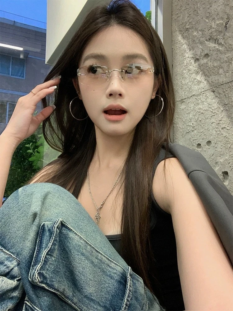 Jennie同款y2k复古无框眼镜欧美风高级渐变墨镜防紫外线太阳眼镜