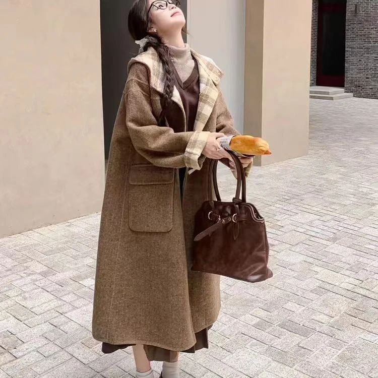 学院风连帽减龄高级韩系宽松风格双面羊毛大衣