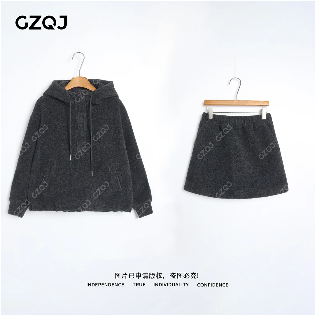 老琴私服【懒人救星】加厚半拉链连帽上衣+半身短裙子套装女冬 8898