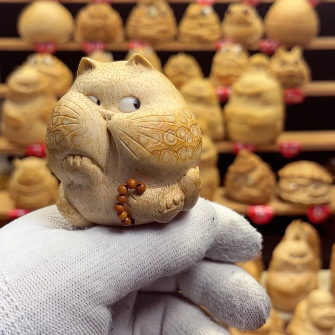 竹米*竹根雕猫咪手把件