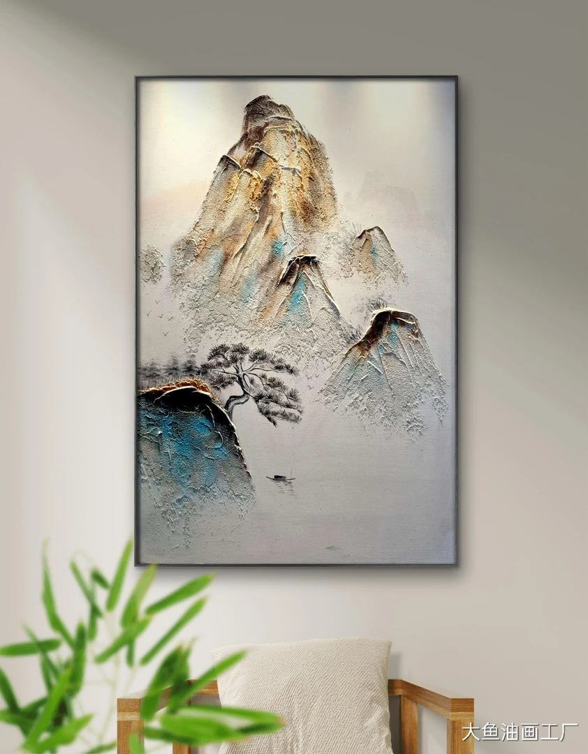 迎客山松▪手工手绘油画新中式玄关过道背景墙挂画客厅沙发挂画