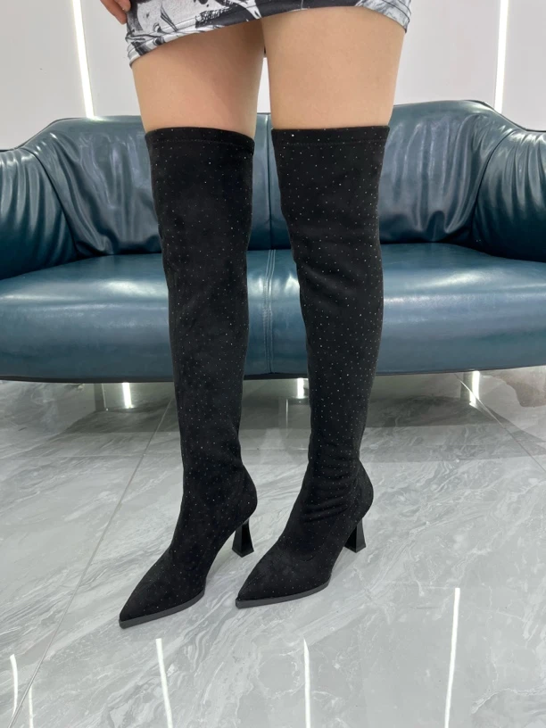 63065时装靴高筒靴女靴百搭过膝靴粗跟弹力靴瘦瘦靴女鞋细跟时装