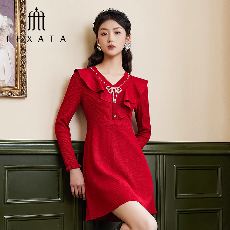 【小朱专属】FEXATA斐格思红色喜庆气氛感针织裙连衣裙