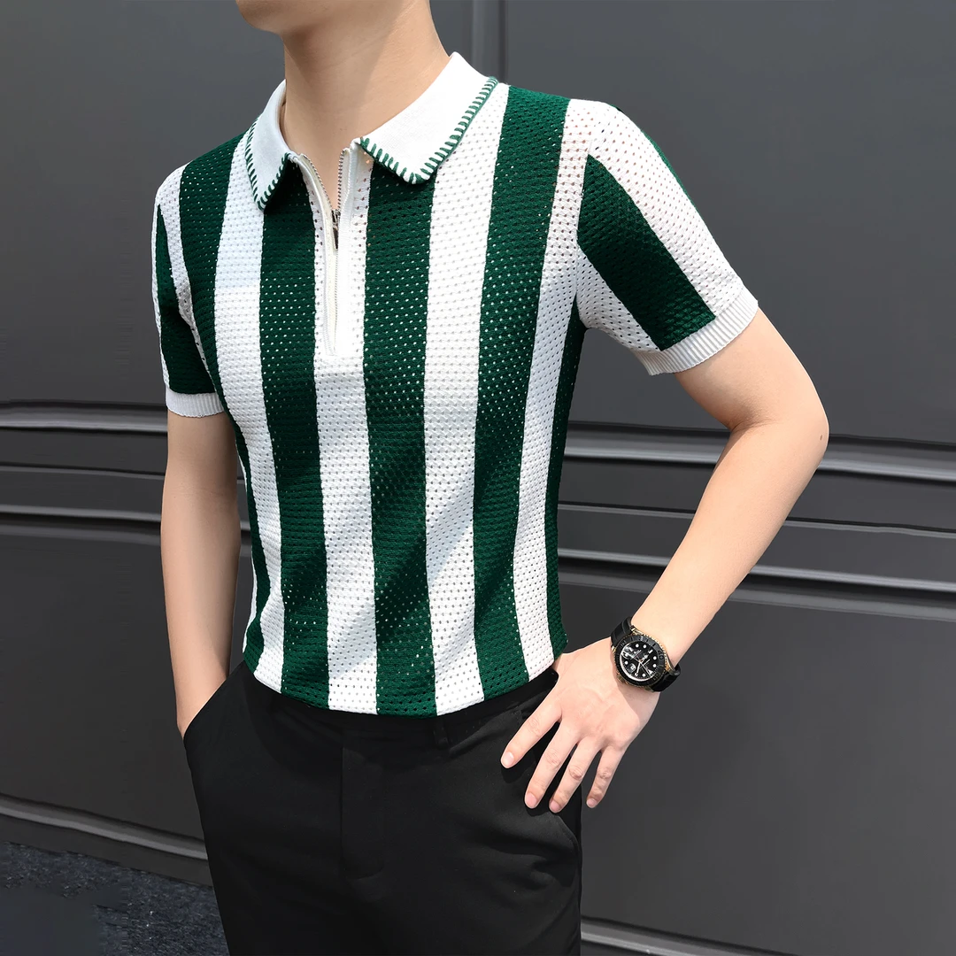 条纹镂空短袖Polo衫男款秋季新款男装针织高级感男士商务休闲t恤