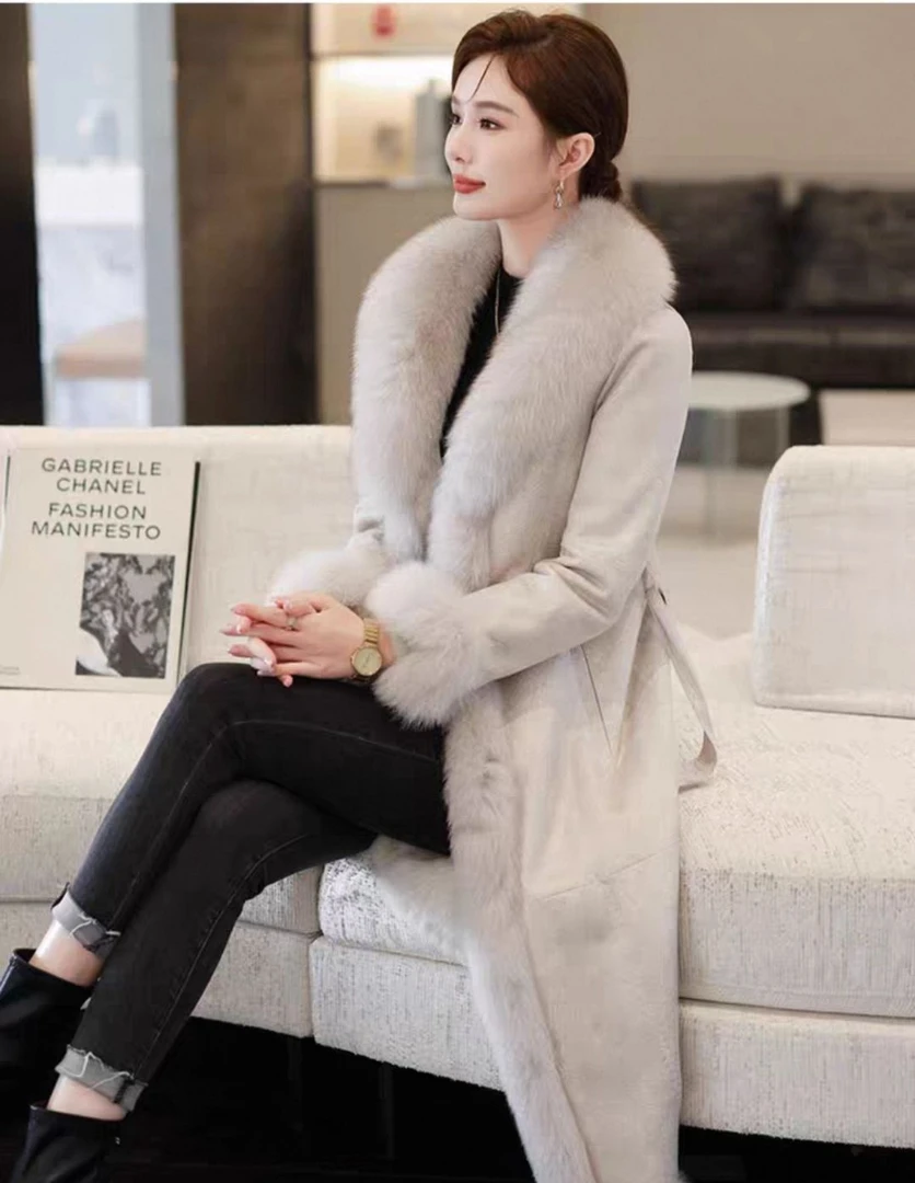 秋冬新款狐狸毛领皮草修身保暖气质长款兔皮毛一体长款皮草外套