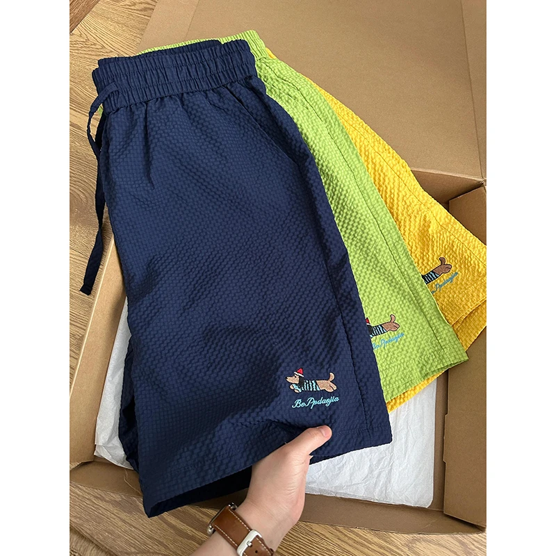 藏青色多巴胺泡泡纱短裤男款腊肠小狗刺绣五分裤情侣沙滩速干中裤