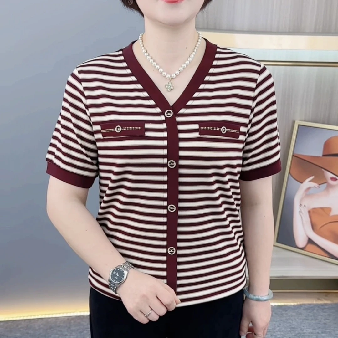 夏季新款精致V领条纹中老年气质妈妈装宽松休闲百搭短袖上衣H633