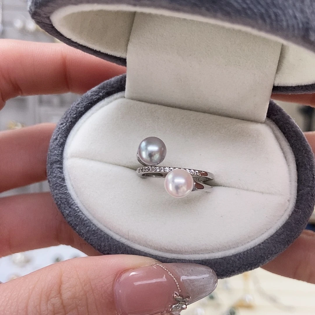 海水珍珠戒指银S925镶嵌真多麻akoya双珠戒指
