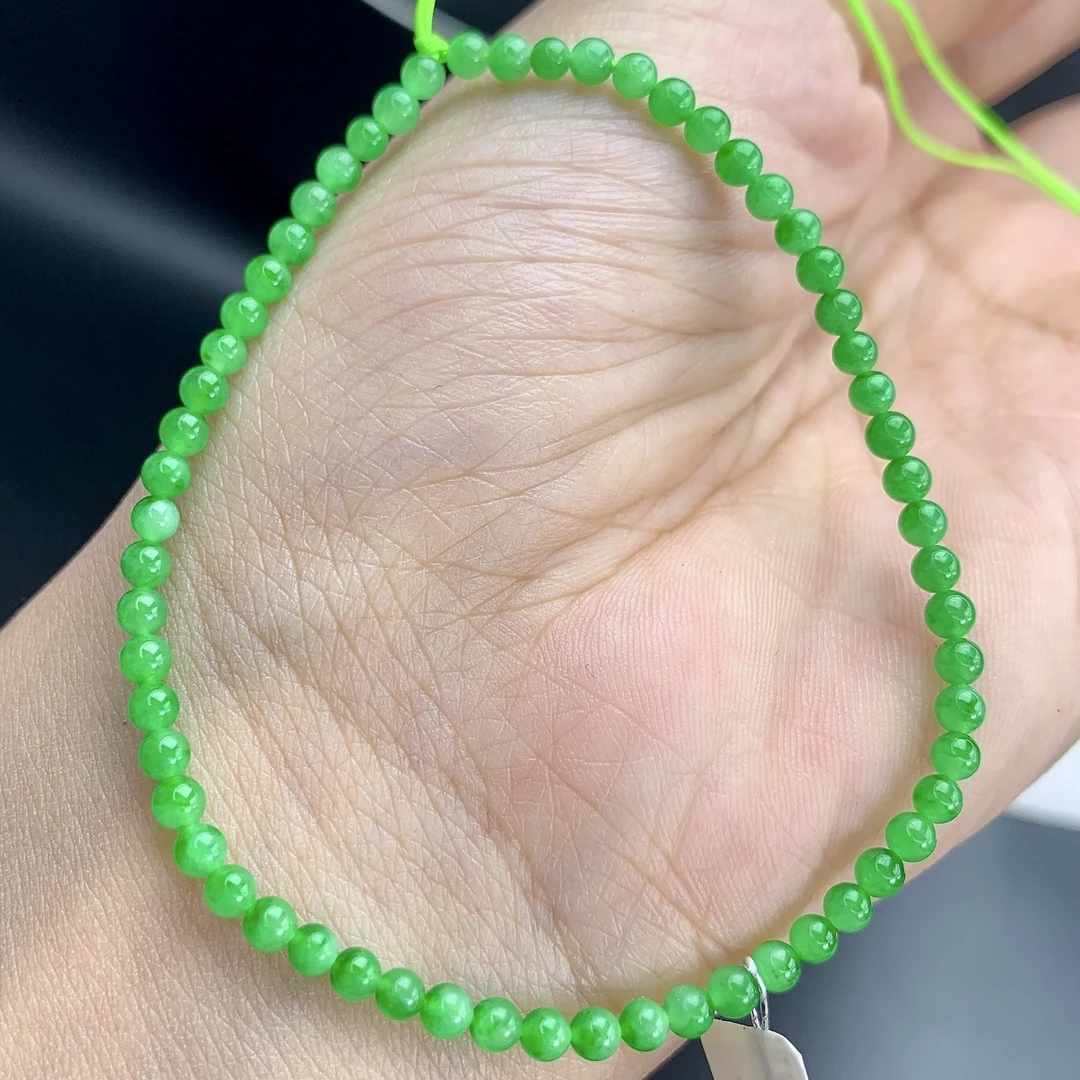 缅甸A货翡翠冰阳绿色小米圆珠手链手串单圈T卡2.9mm
