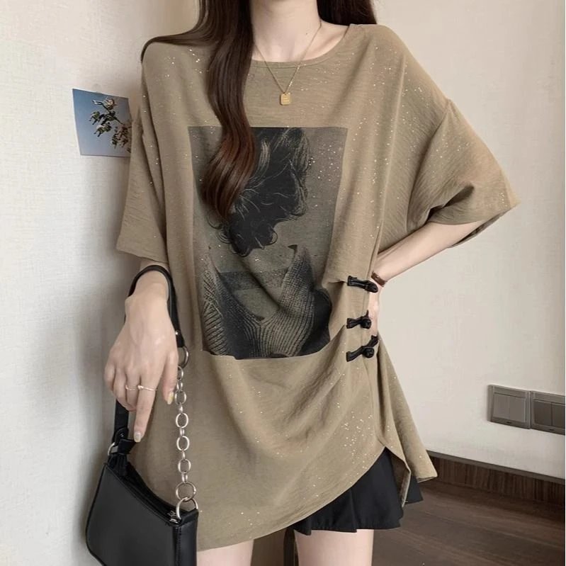 大码胖mm200斤复古小众印花显瘦宽松短袖t恤女夏时尚遮肉百搭上衣