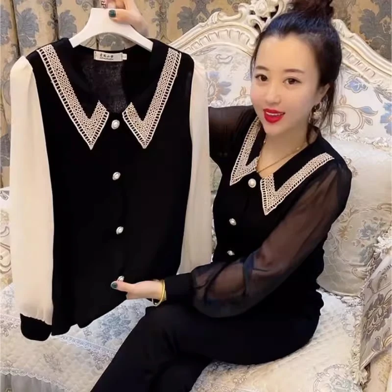 秋季新款时尚洋气长袖T恤显瘦减龄设计感雪纺拼接娃娃领打底上衣