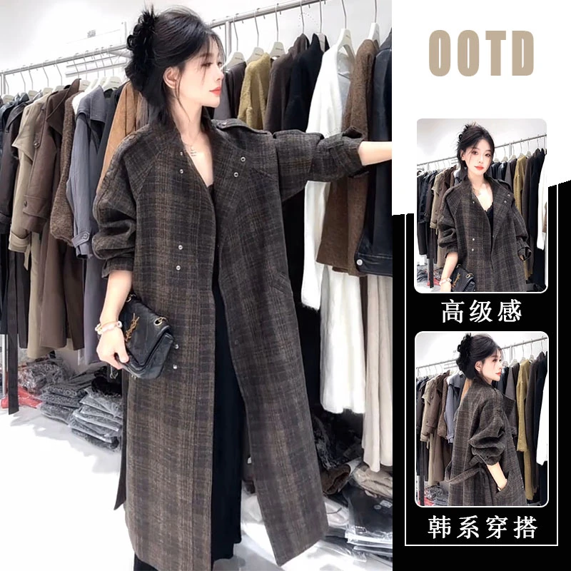 2025春秋新款高级感宽松系带减龄毛呢外套复古格纹立领大衣外套女