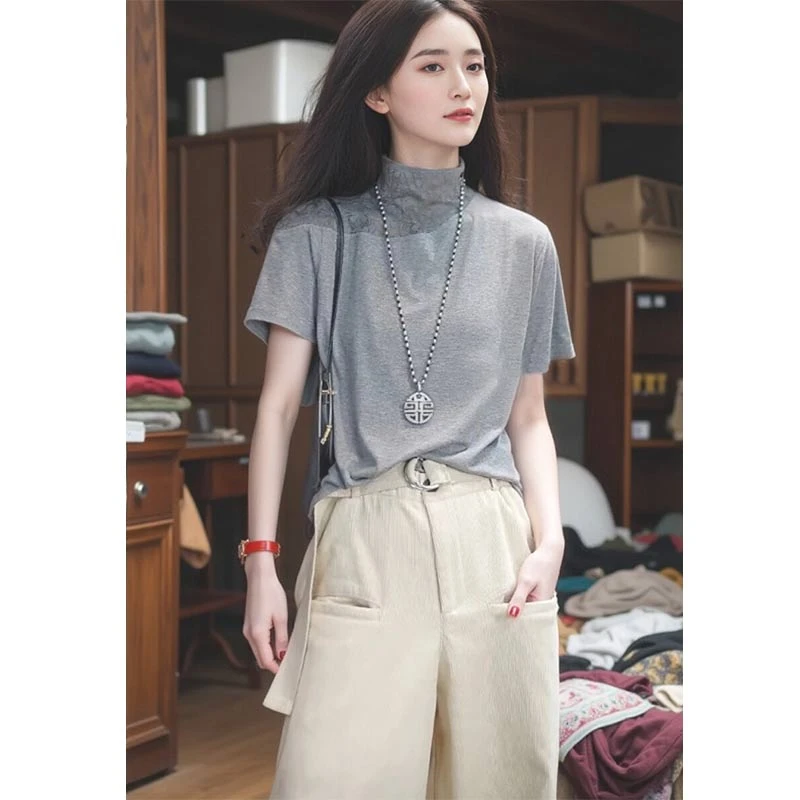 2025年夏季新款韩版时尚纯色短袖T恤女小个子设计感休闲百搭上衣