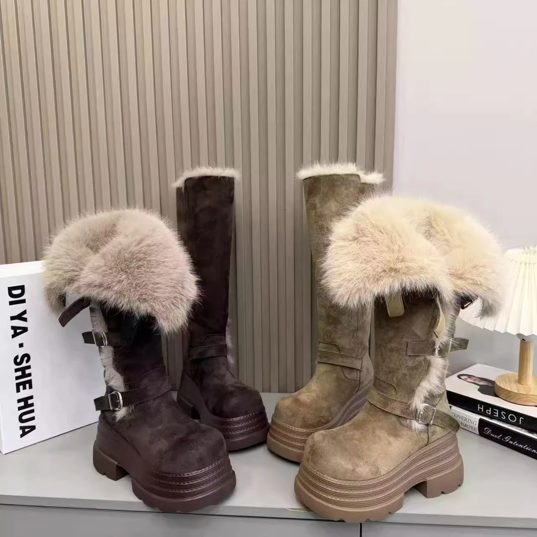 美拉德毛绒高筒靴女厚底皮带扣机车靴加绒保暖长筒靴小个子雪地靴