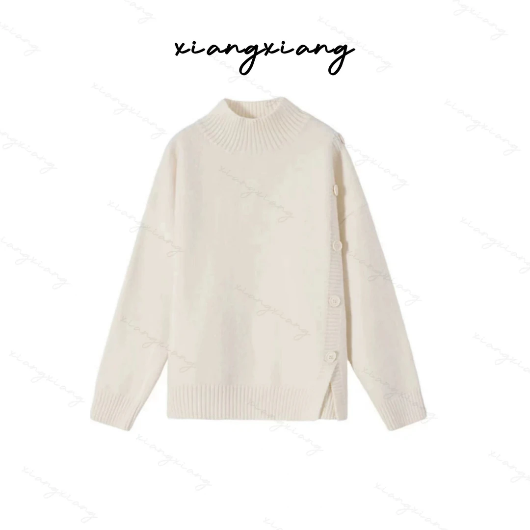 【香香专属】半高领斜假纽扣气质宽松打底上衣设计感针织衫ZB8165