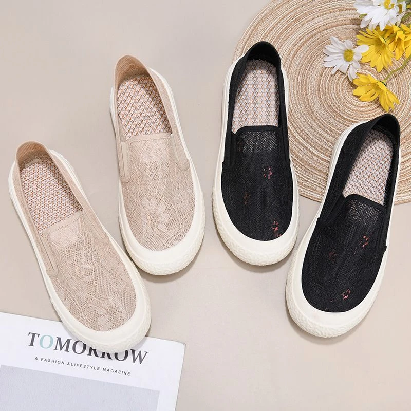 2025新款渔夫鞋夏季透气舒适防滑蕾丝网面单鞋厚底一脚蹬休闲鞋