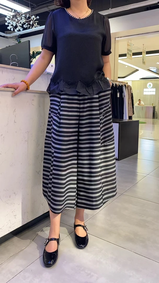 夏季休闲百搭高腰微弹力八分裤松紧腰宽松条纹裙裤