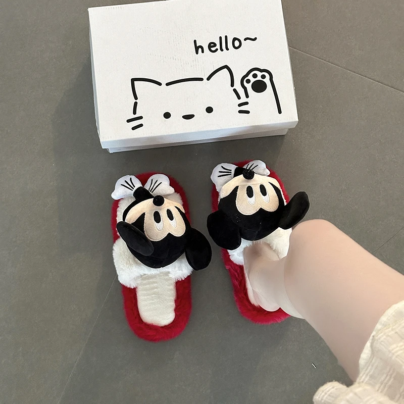 可爱卡通动漫老鼠毛毛拖鞋女2025秋冬新款居家一字居家休闲棉拖鞋