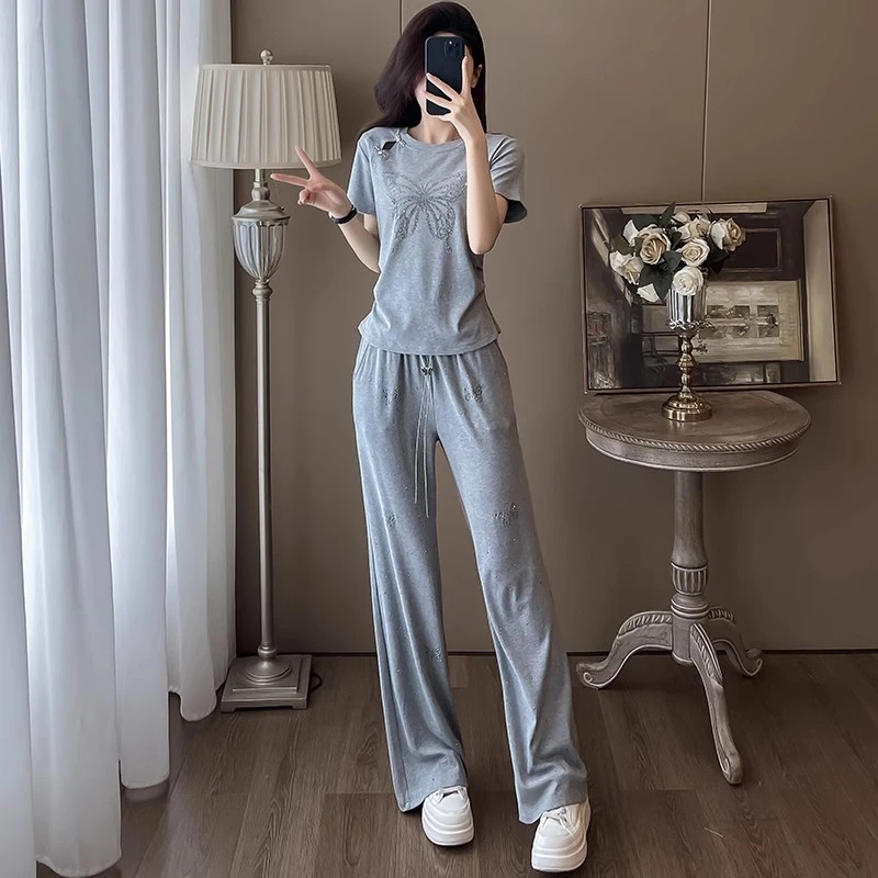 欧货炸街运动休闲套装女装夏季洋气减龄灰色短袖T恤阔腿裤两件套