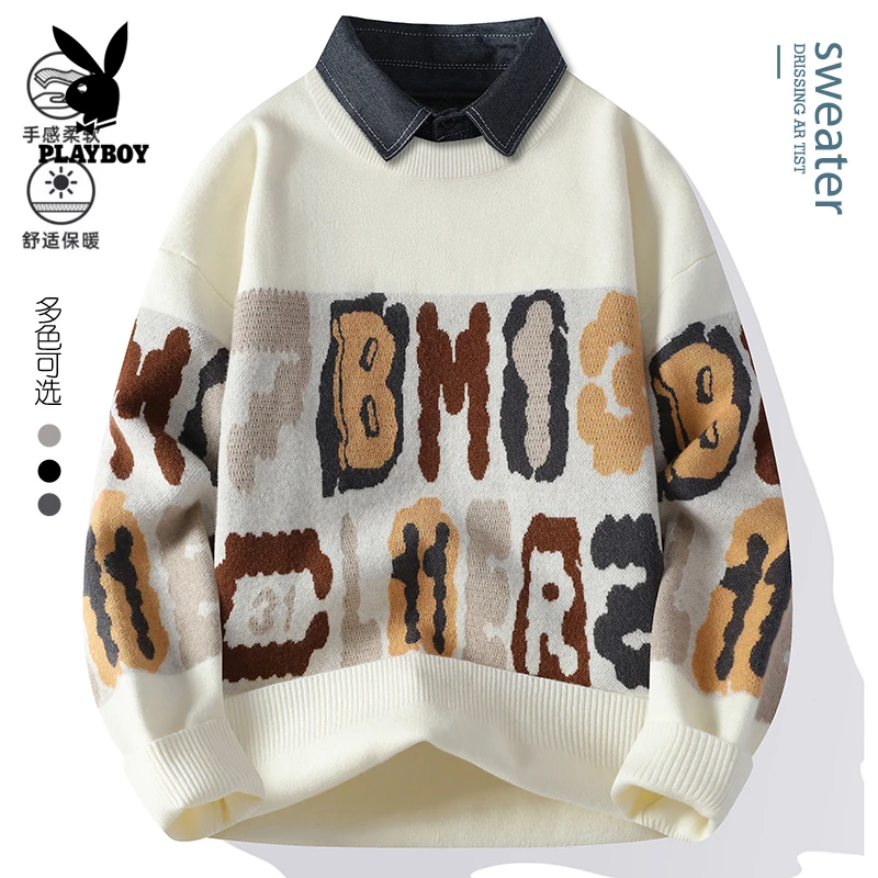 秋冬爆款假两件毛衣专柜花花公子男士高领长袖大码加厚潮流打底衫