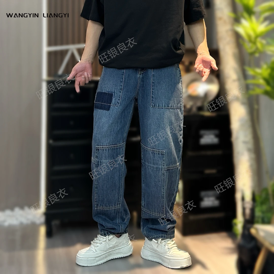 美式重磅水洗做旧潮牌复古弯刀直筒长裤宽松牛仔裤男士休闲阔腿