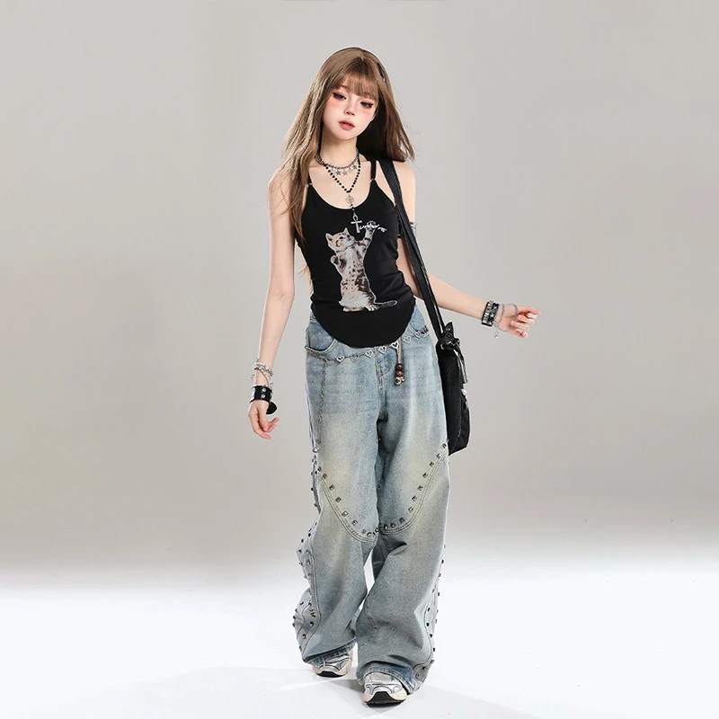 【时岛】美式辣妹猫咪印花吊带背心女夏季新款设计感超火热辣性感