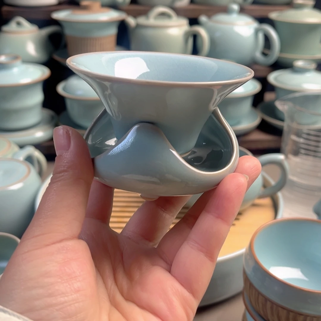 摆件陶瓷天青釉斗笠茶漏原矿