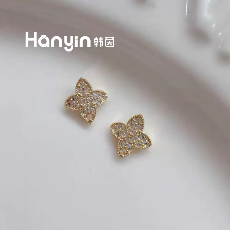 铜合金合成锆石耳饰 925银针四叶草满镶两戴老驴高定耳钉AAA