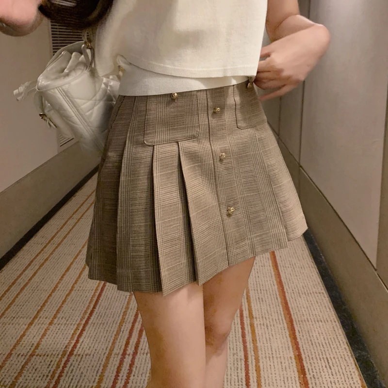 “英伦学院”Cel*ne同款韩国进口格纹 金扣复古少女感A字百褶半裙