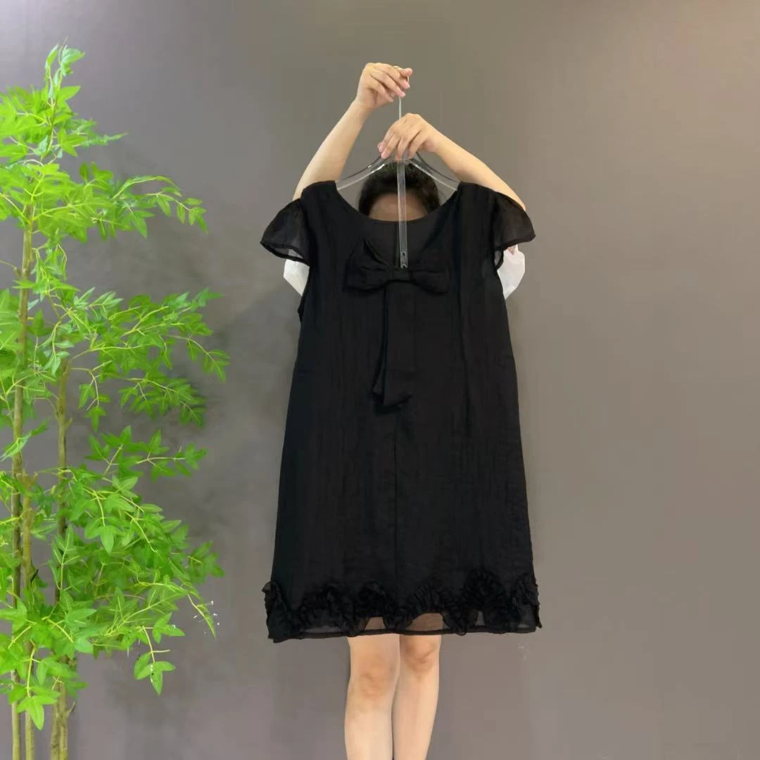 25141夏季新款蝴蝶结拼接花边气质显瘦静奢风大码连衣裙