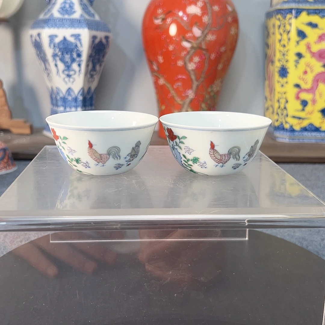 杯子斗彩鸡缸杯一对