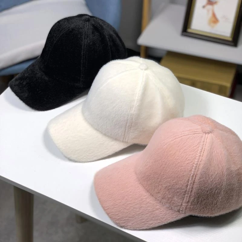韩版加厚保暖兔毛混纺棒球帽子女秋冬天绣字母时尚潮流保暖鸭舌帽