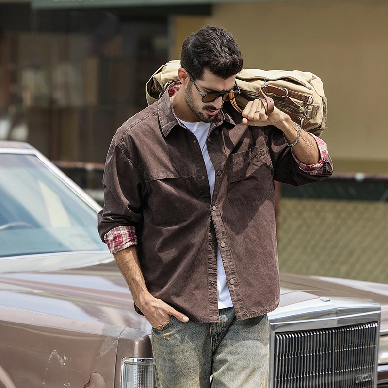 双面可穿高端美式复古格子衬衫男秋季新款宽松休闲衬衣外套男款潮