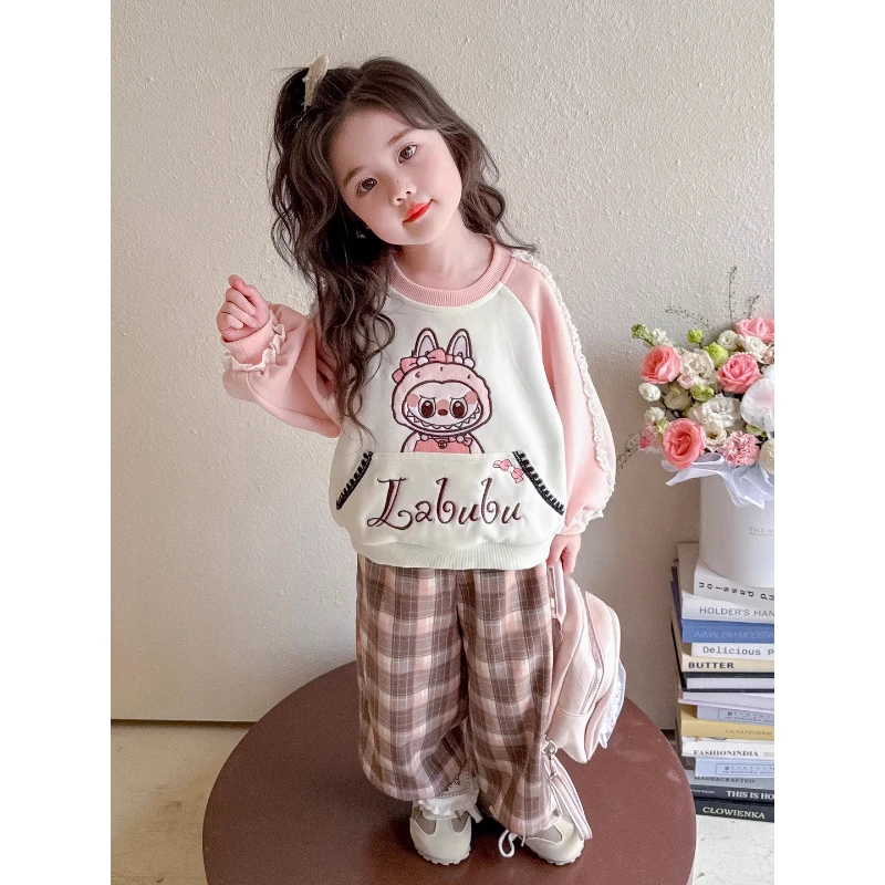 女童卡通卫衣春秋装新款女宝宝洋气格子裤套装儿童休闲秋季两件套