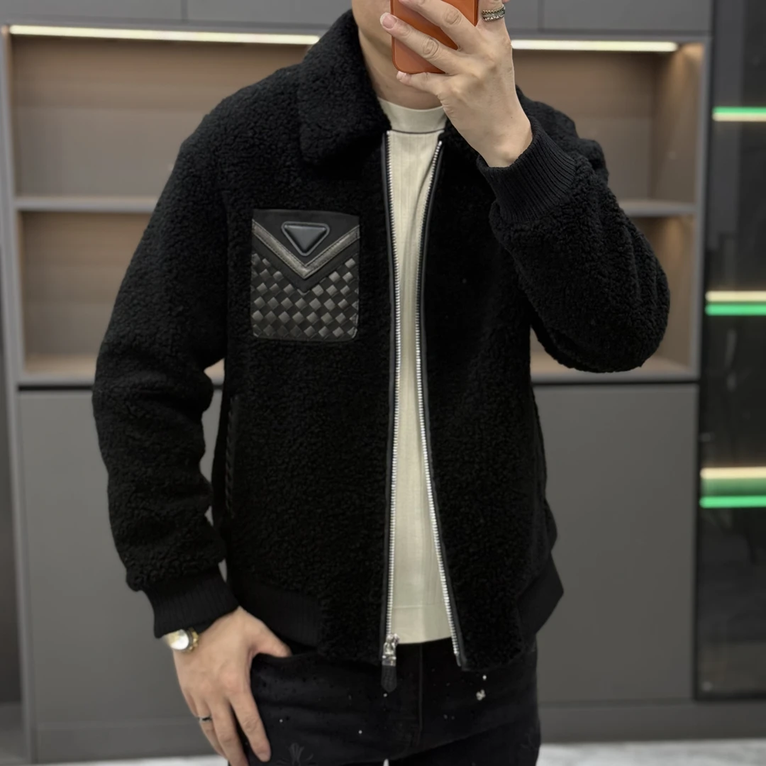 （鑫赏轻奢）【100%羊毛】男士高端定制全羊毛真皮拼接方领夹克25211