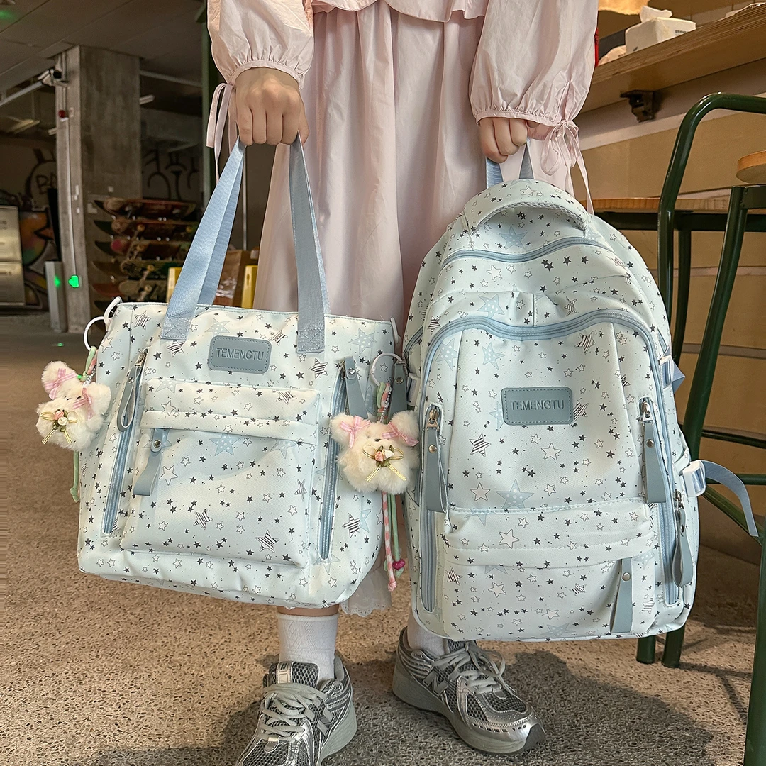 书包初中女生蓝色系ins高中生大容量星星双肩包女旅游轻便高颜值