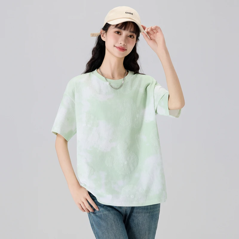 快鱼2025夏季新款百搭舒适女韩清凉微弹扎染发泡小熊印花落肩T恤