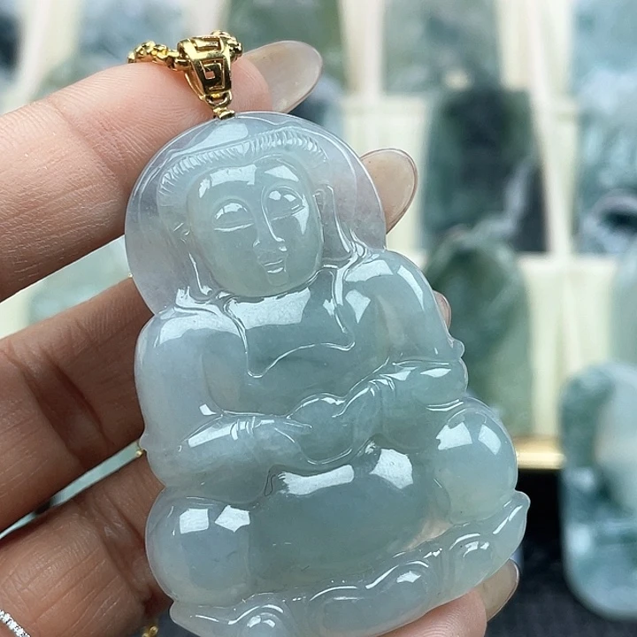 颈饰18K金镶嵌翡翠低*天然翡翠正装观音